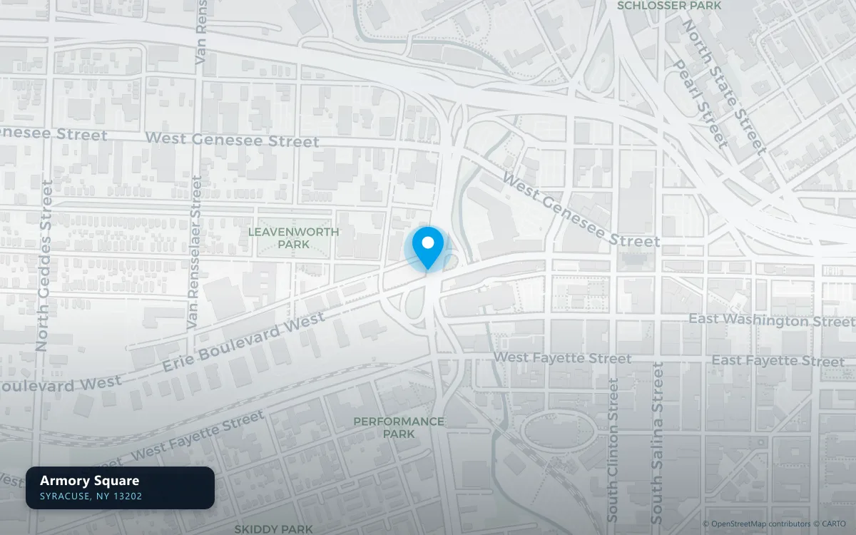 Map of Armory Square, Syracuse NY 13202, a basement waterproofing service area