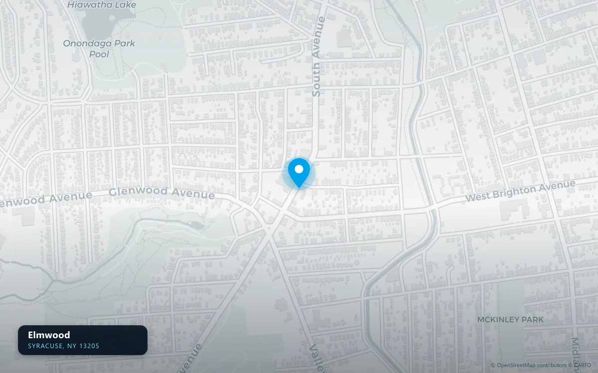 Map of Elmwood, Syracuse NY 13205, a basement waterproofing service area