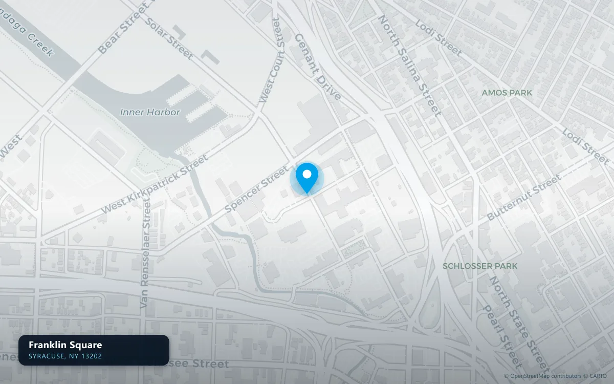 Map of Franklin Square, Syracuse NY 13202, a basement waterproofing service area
