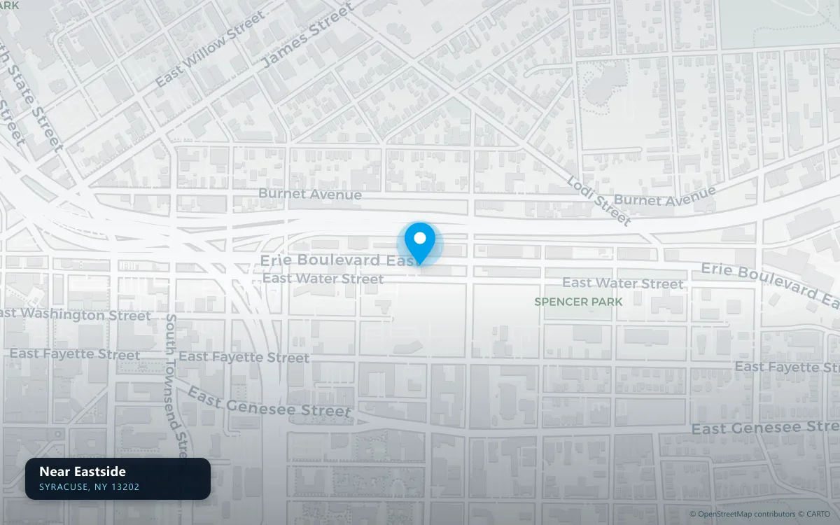 Map of Near Eastside, Syracuse NY 13202, a basement waterproofing service area