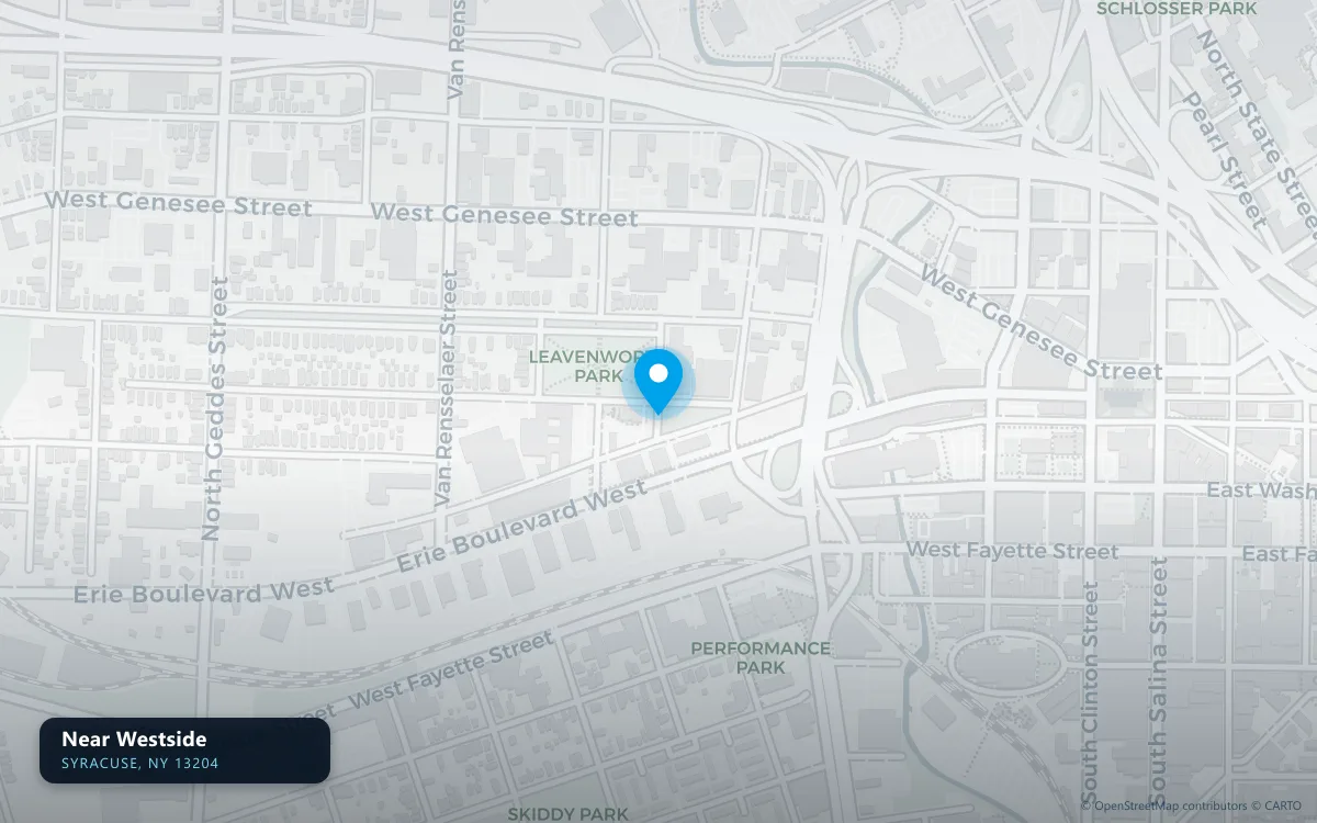 Map of Near Westside, Syracuse NY 13204, a basement waterproofing service area