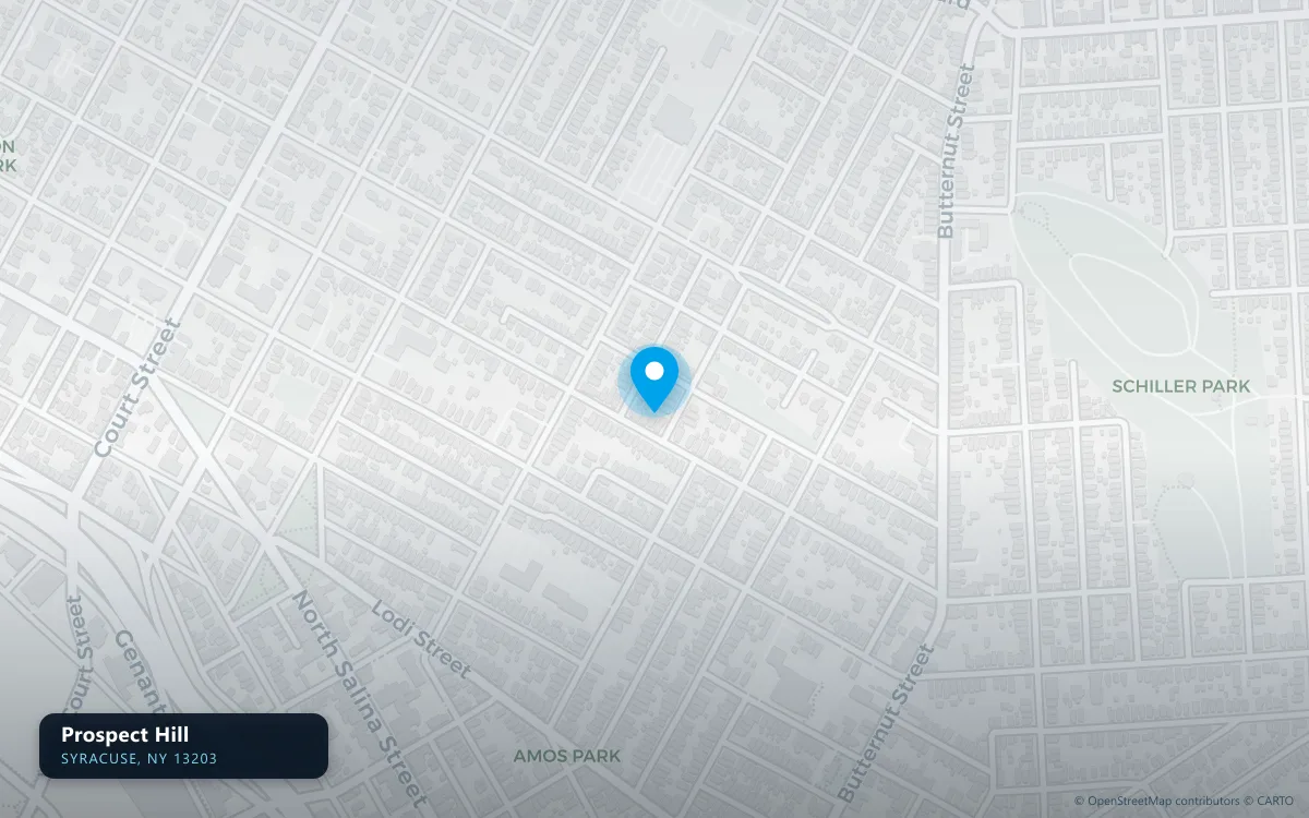 Map of Prospect Hill, Syracuse NY 13203, a basement waterproofing service area
