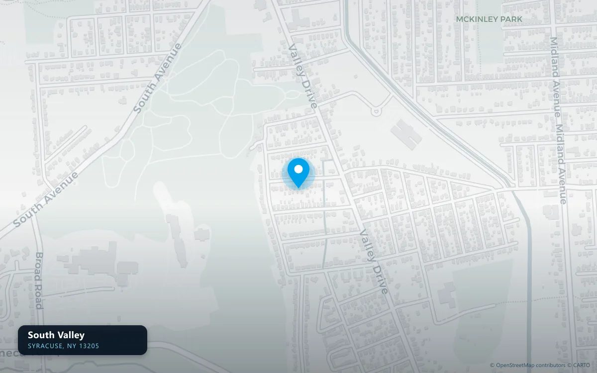Map of South Valley, Syracuse NY 13205, a basement waterproofing service area