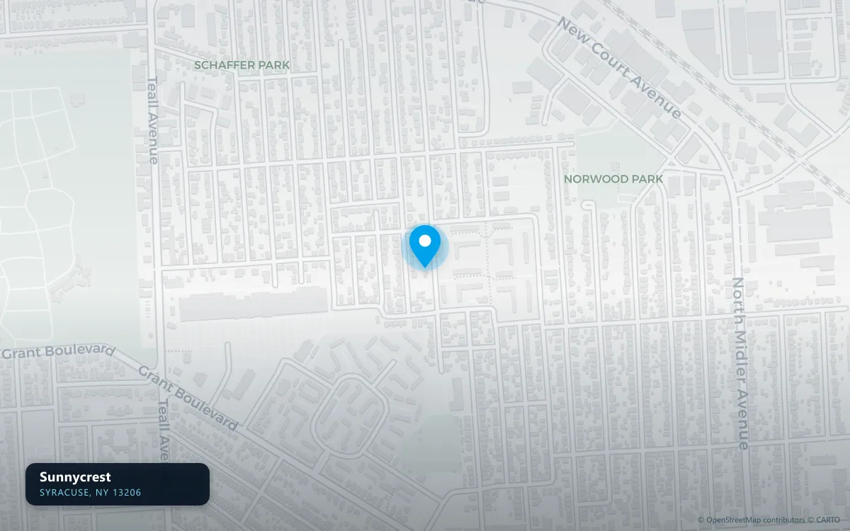Map of Sunnycrest, Syracuse NY 13206, a basement waterproofing service area