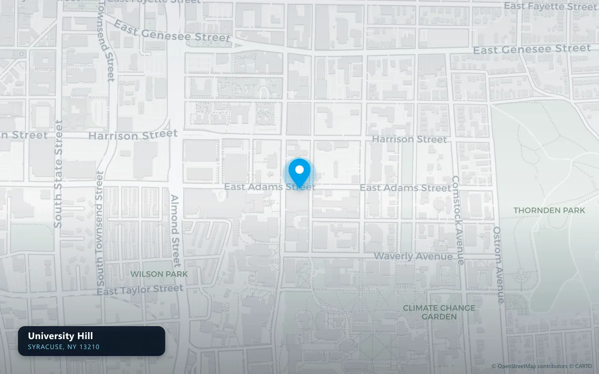 Map of University Hill, Syracuse NY 13210, a basement waterproofing service area