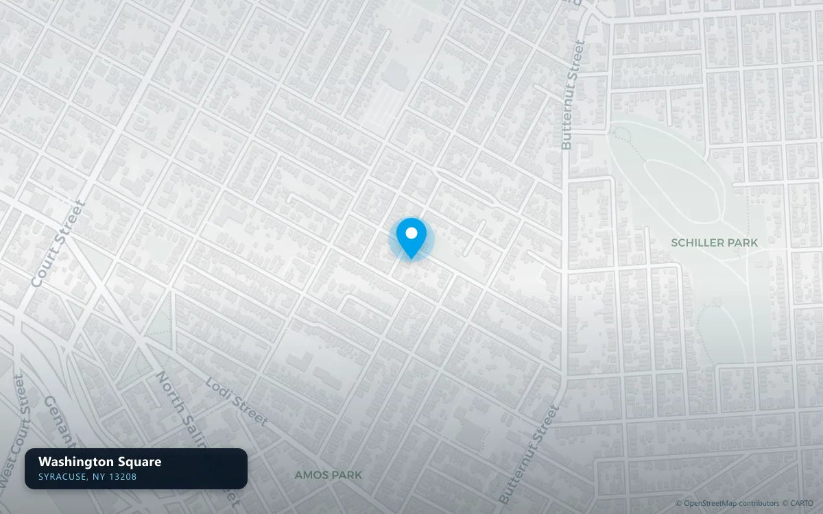 Map of Washington Square, Syracuse NY 13208, a basement waterproofing service area