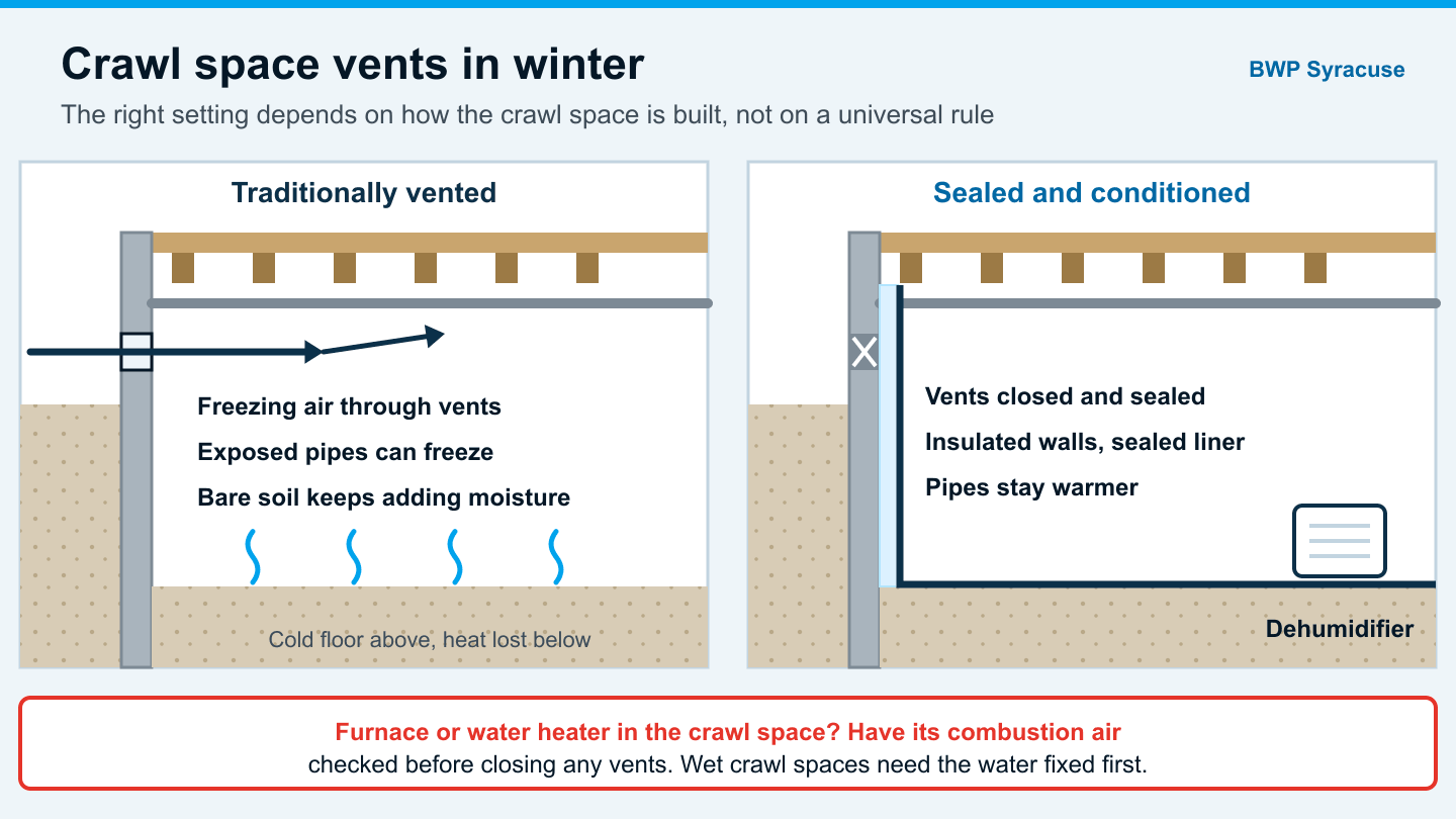 Side-by-side diagram of a vented crawl space and a sealed crawl space in a Syracuse winter, showing cold air and pipes