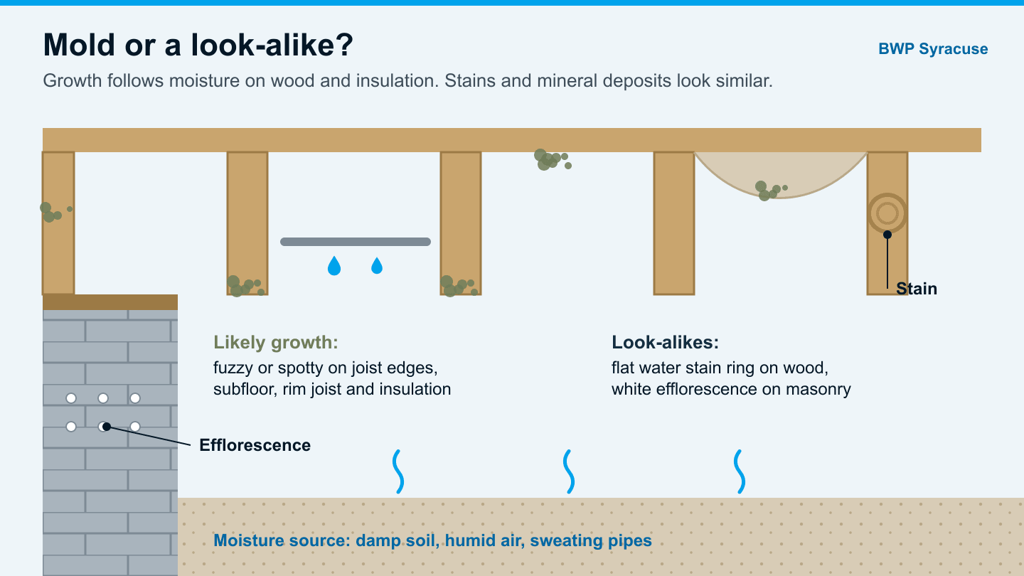 Diagram of crawl space joists and subfloor in a Syracuse home showing where mold tends to grow versus look-alikes