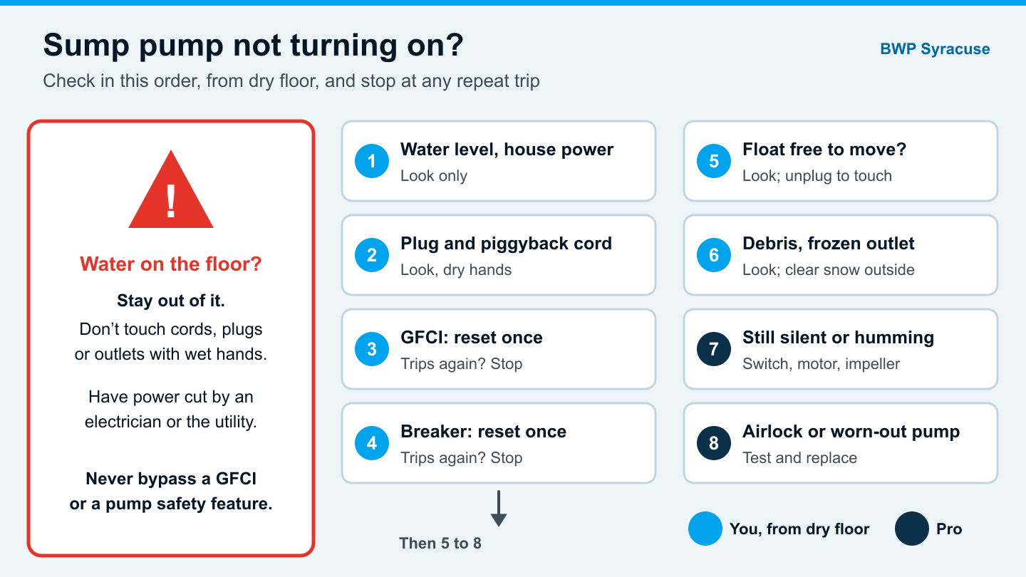 Troubleshooting flow for a Syracuse sump pump that will not start, with numbered checks and an electrical warning
