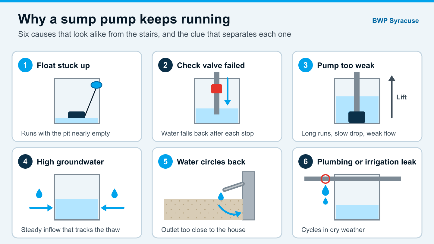 Diagram comparing six reasons a Syracuse sump pump keeps running, from a stuck float to water recirculating to the pit
