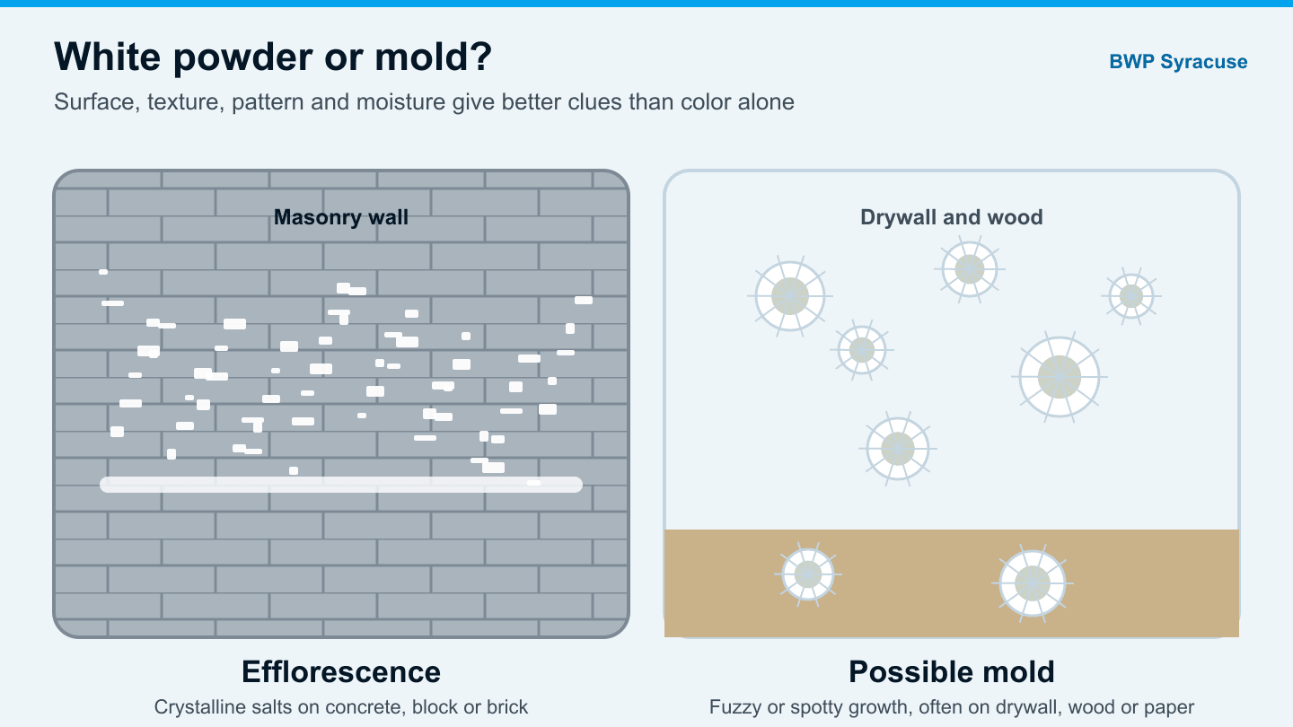 Side-by-side diagram of efflorescence on masonry and possible mold on drywall in a Syracuse basement